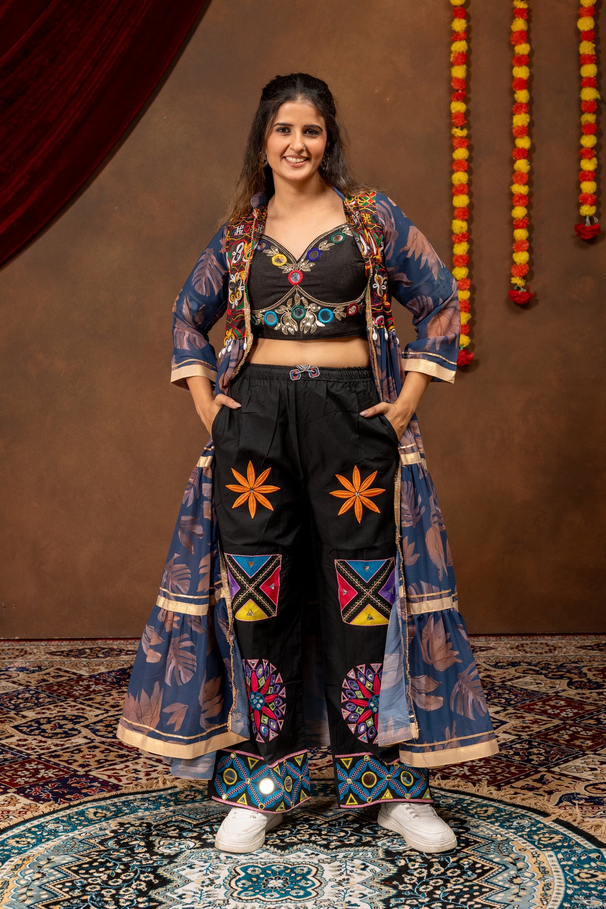 Mirror Work Faux Georgette Shrug Set with Jeans