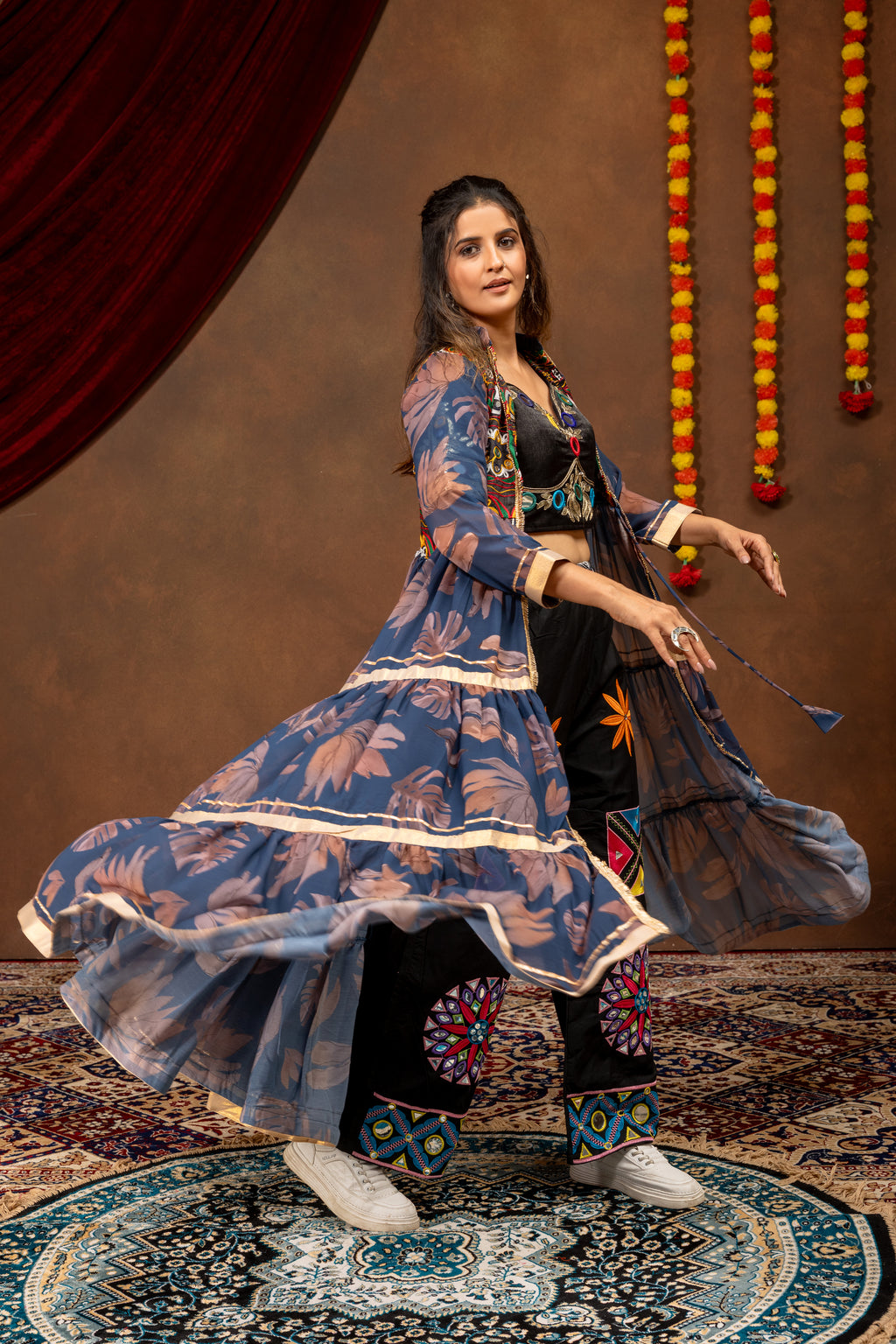 Mirror Work Faux Georgette Shrug Set with Jeans