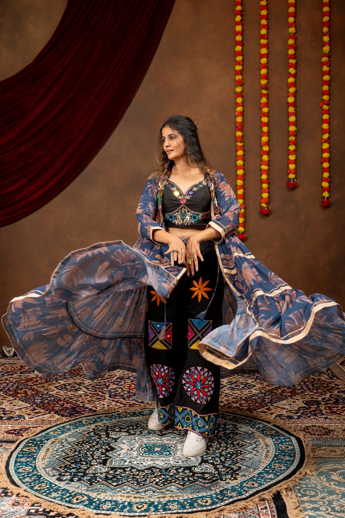 Mirror Work Faux Georgette Shrug Set with Jeans