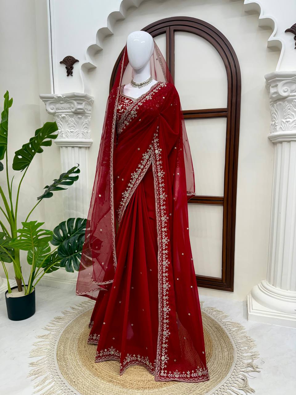 Faux Georgette Thread & Sequin Saree | With Dupatta | VrindaaLuxe
