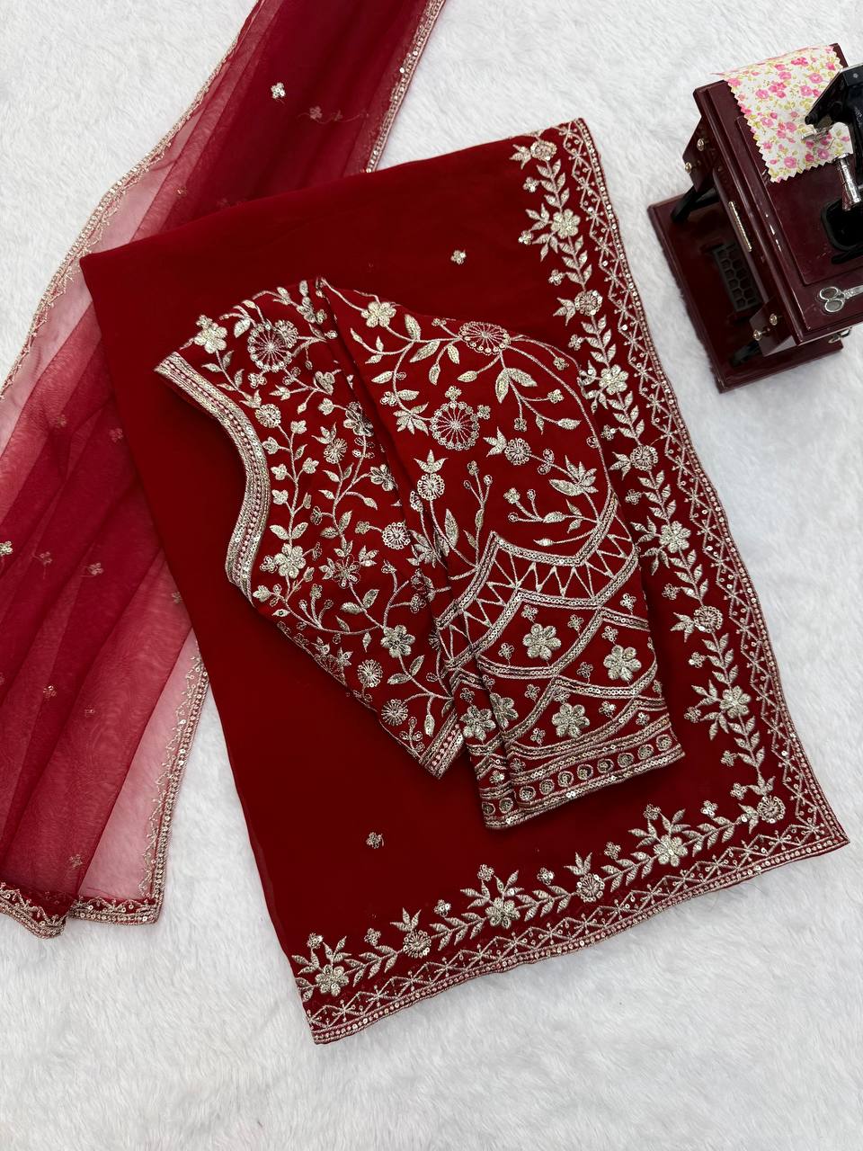 Faux Georgette Thread & Sequin Saree | With Dupatta | VrindaaLuxe