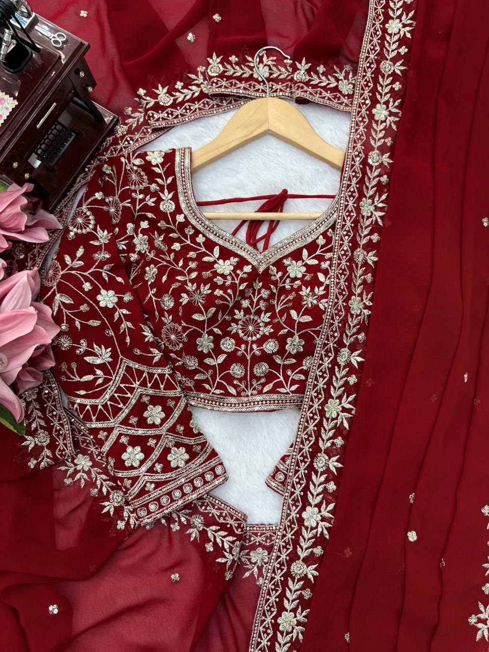 Faux Georgette Thread & Sequin Saree | With Dupatta | VrindaaLuxe