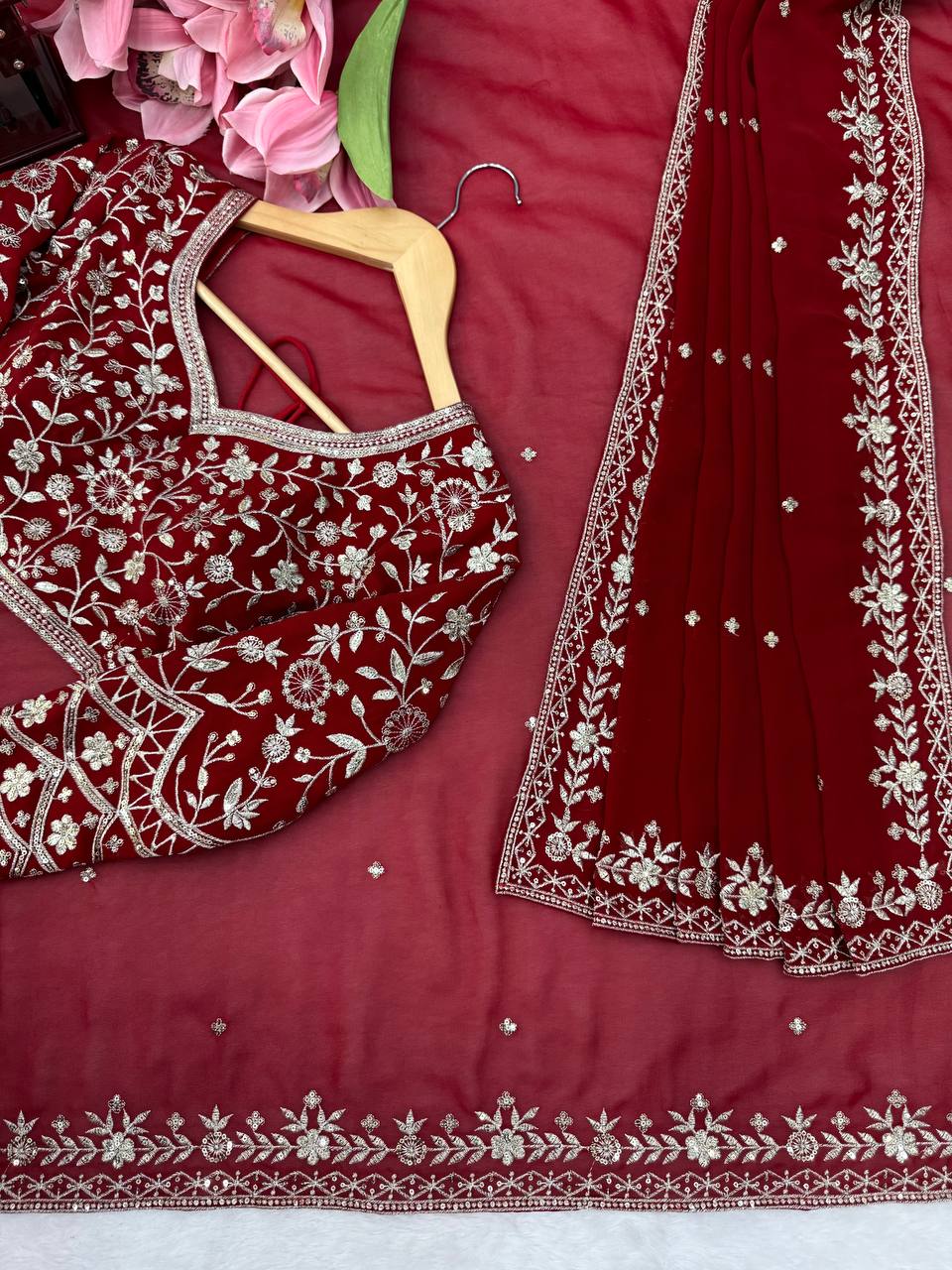 Faux Georgette Thread & Sequin Saree | With Dupatta | VrindaaLuxe