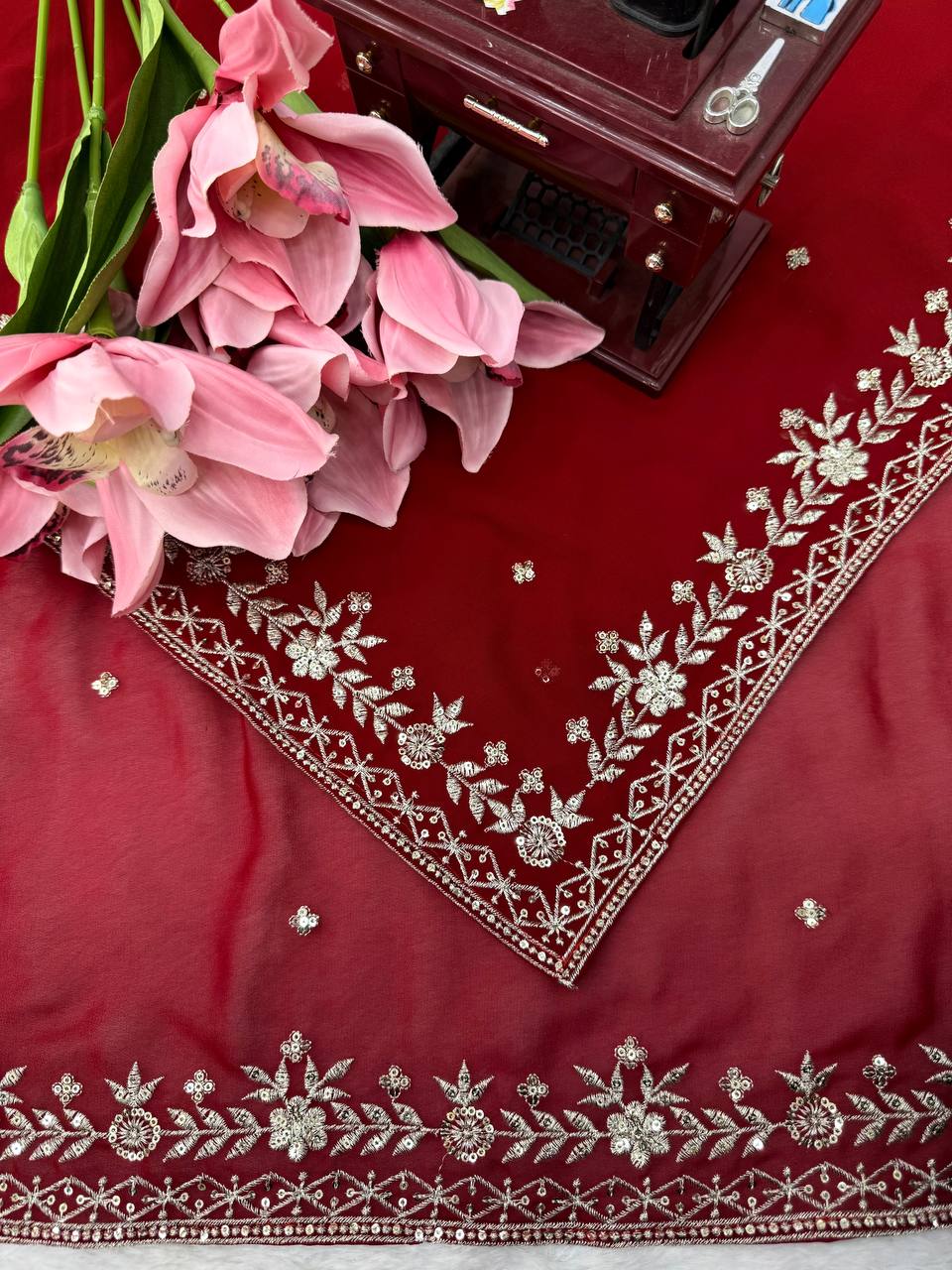Faux Georgette Thread & Sequin Saree | With Dupatta | VrindaaLuxe