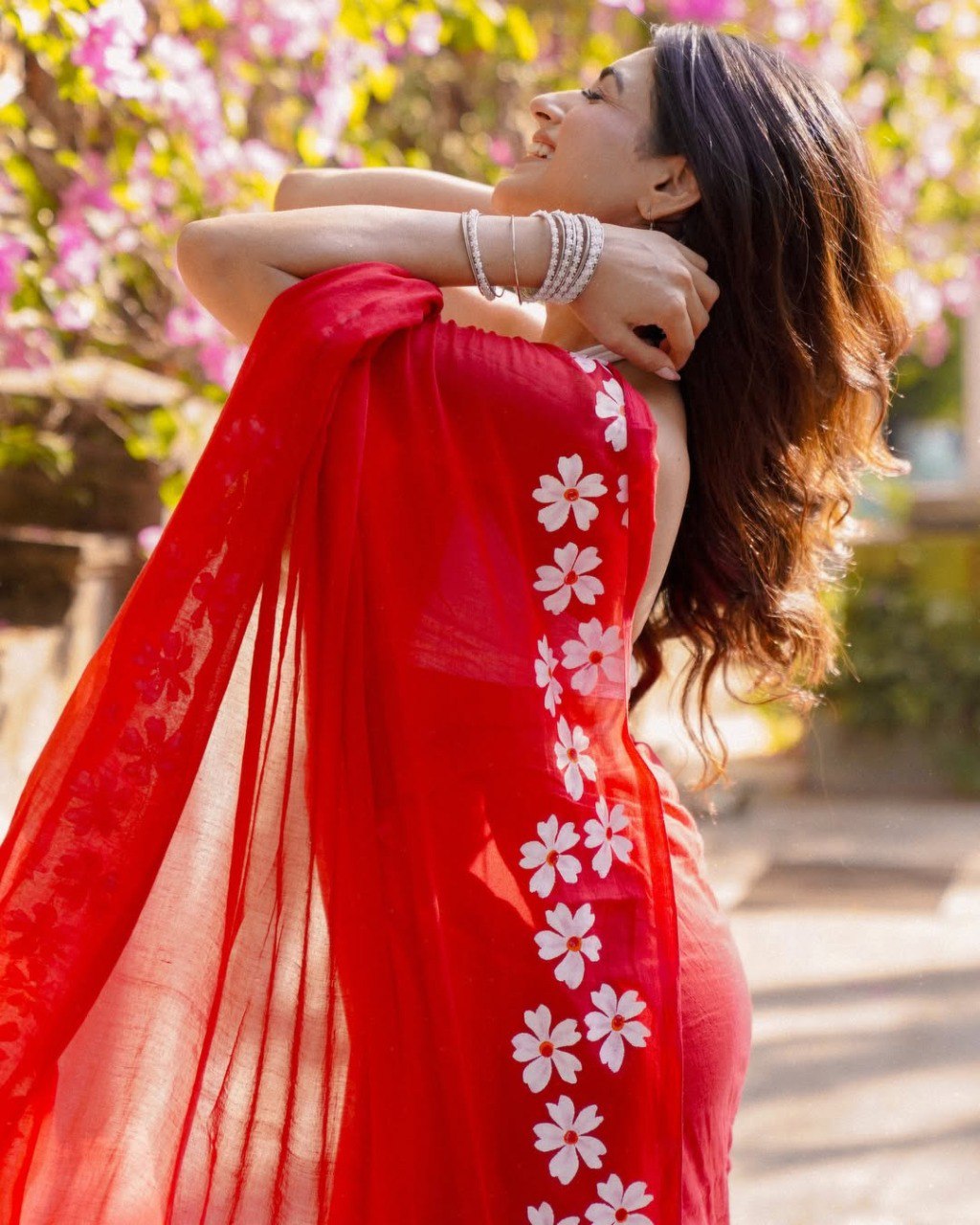 Red Mul Cotton Printed Ready-to-Wear Saree with Pocket & Silk Blouse Piece