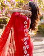 Red Mul Cotton Printed Ready-to-Wear Saree with Pocket & Silk Blouse Piece