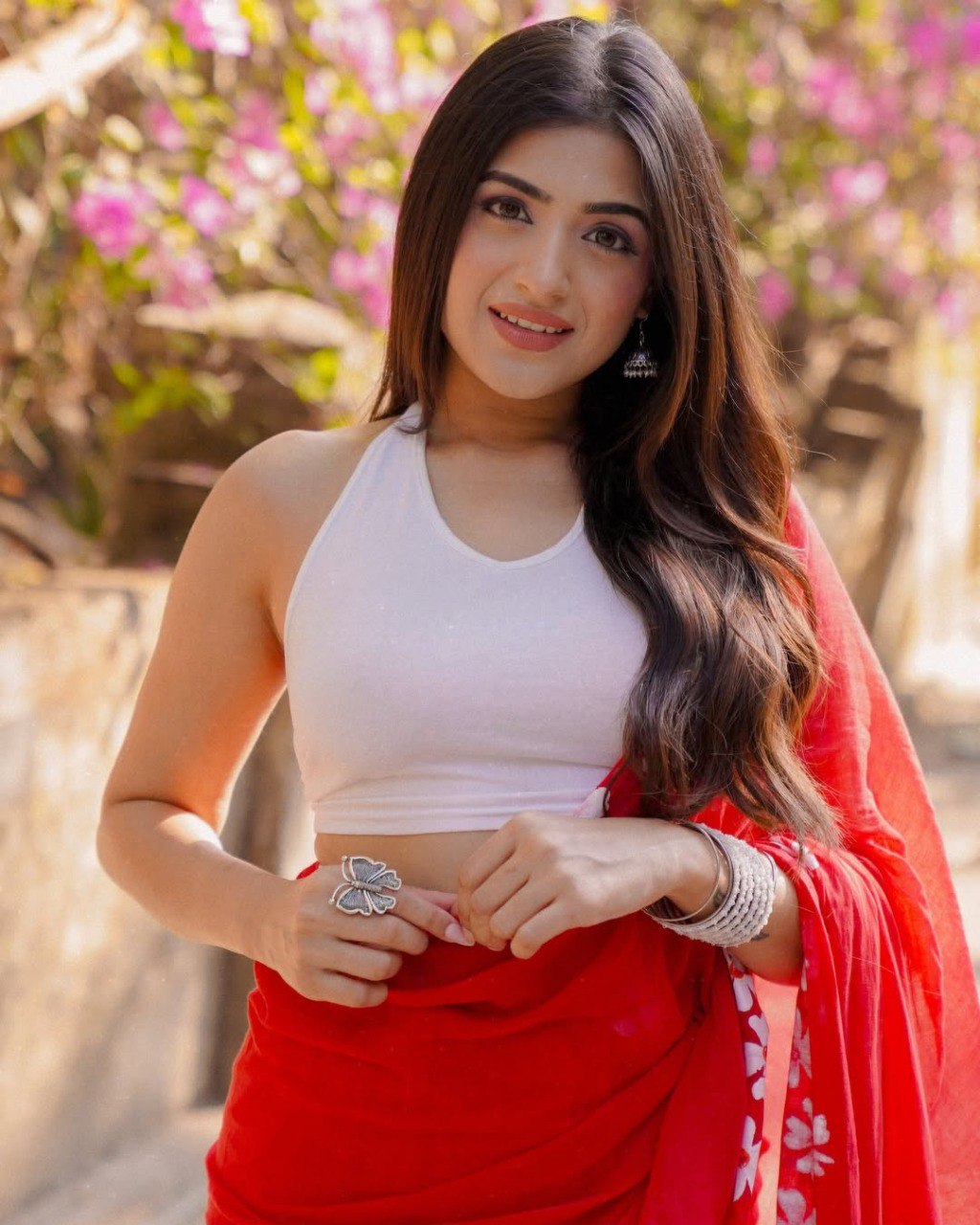 Red Mul Cotton Printed Ready-to-Wear Saree with Pocket & Silk Blouse Piece