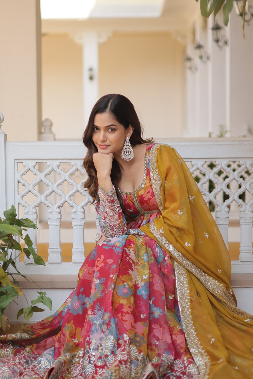 Alia Cut Gown with Dupatta | Russian Silk Zari Embroidered