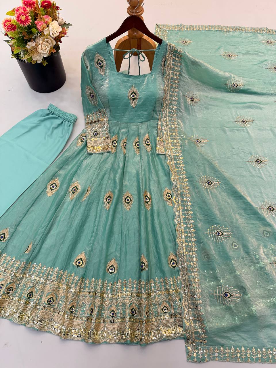 Fendy Silk Gown Set | Sequin Embroidered Dupatta | VrindaaLuxe
