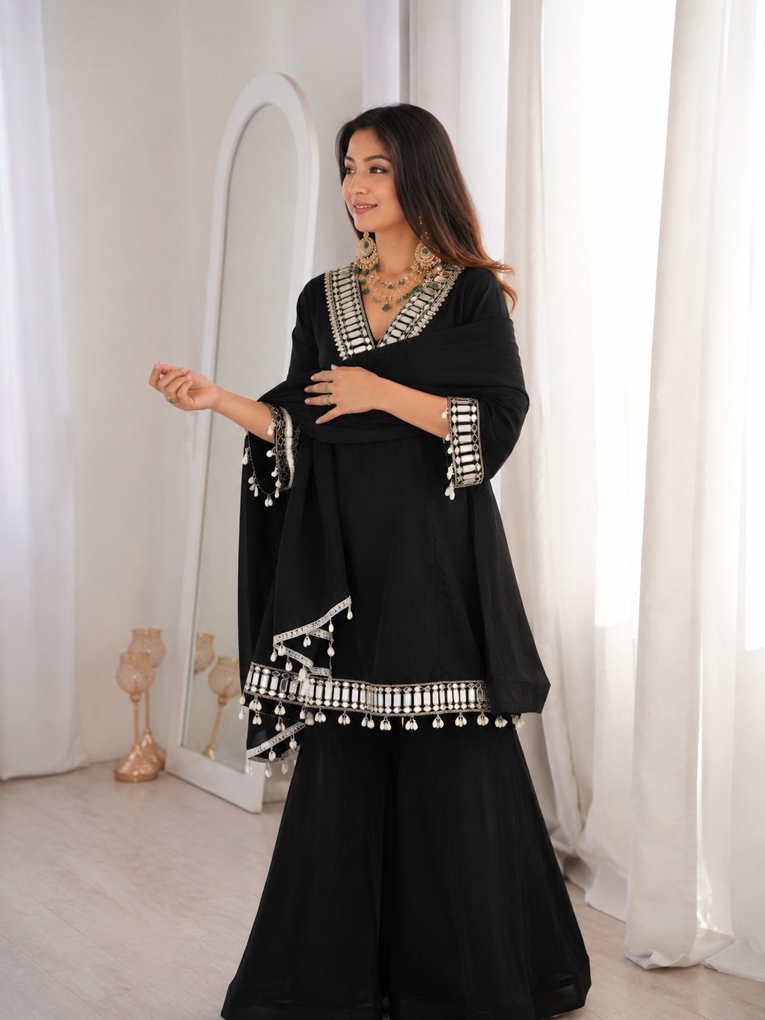 Real Mirror Work Chinon Plazzo Set | Kodi Lace Dupatta | Festive Ethnic Wear