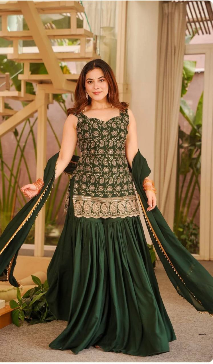 Faux Georgette Embroidery Sequin Top Palazzo Sharara Set | Party Wear