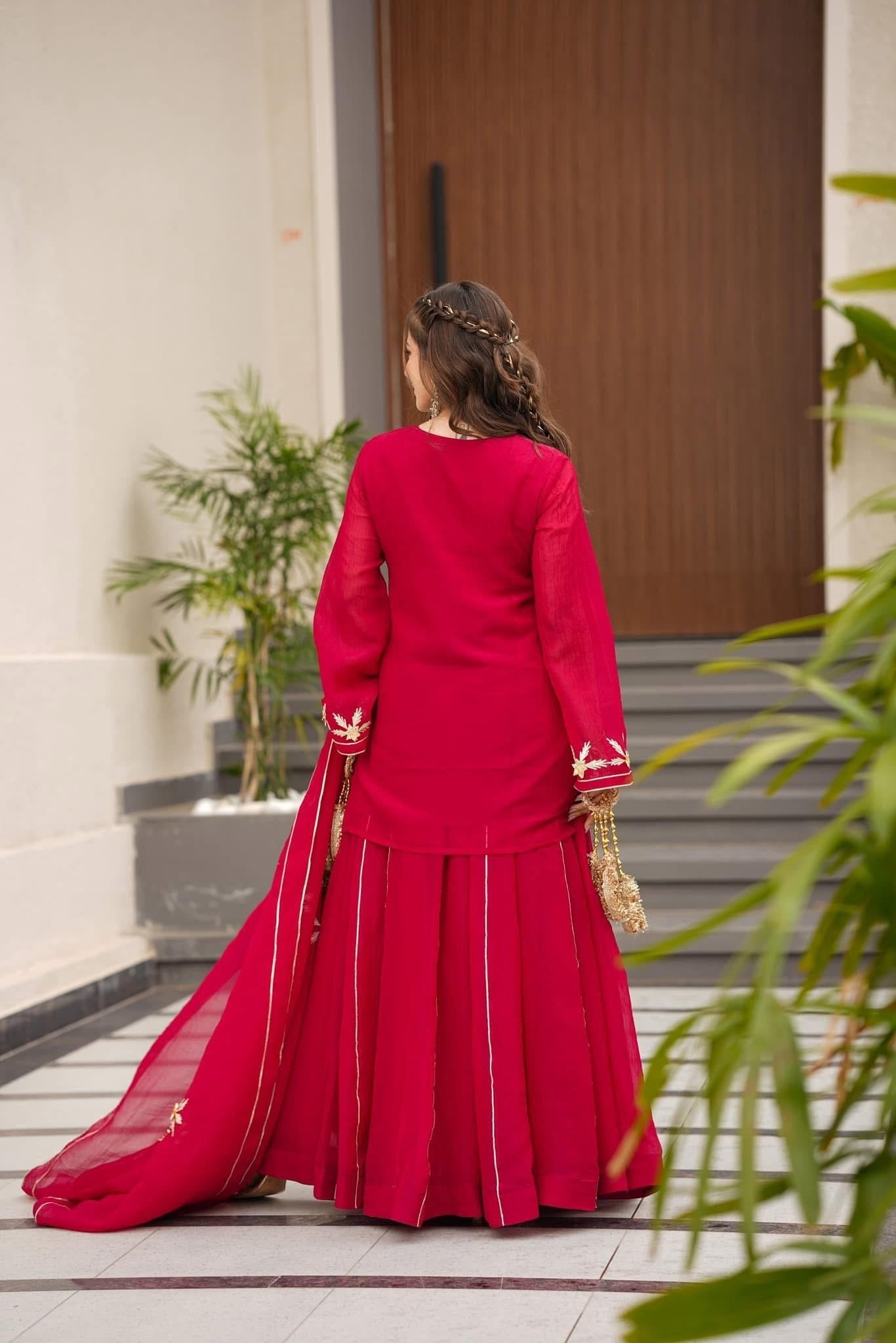 Crunchy Chiffon Handmade Charkhi Gota Kurta Sharara Set | Festive Ethnic Wear