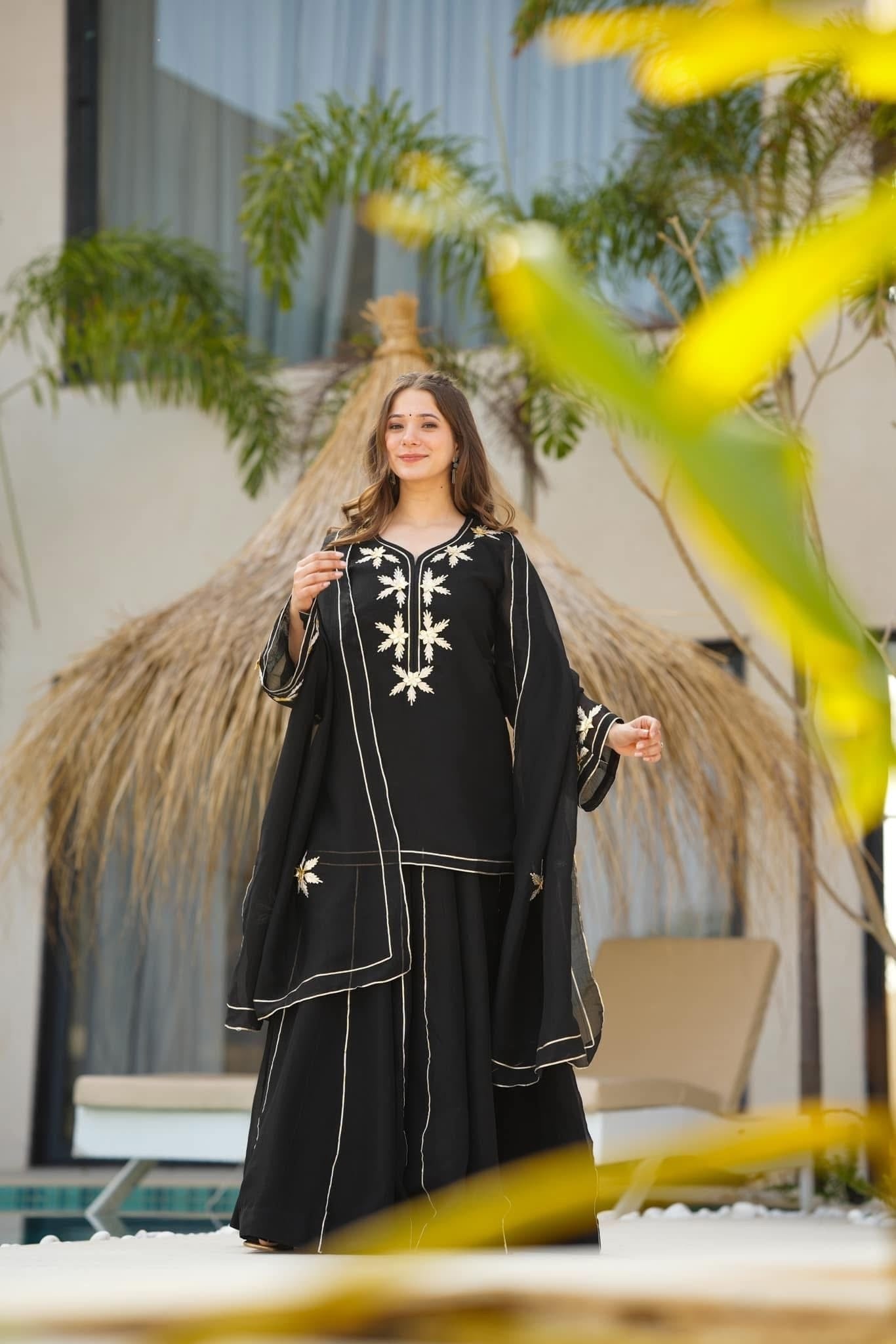 Crunchy Chiffon Handmade Charkhi Gota Kurta Sharara Set | Festive Ethnic Wear