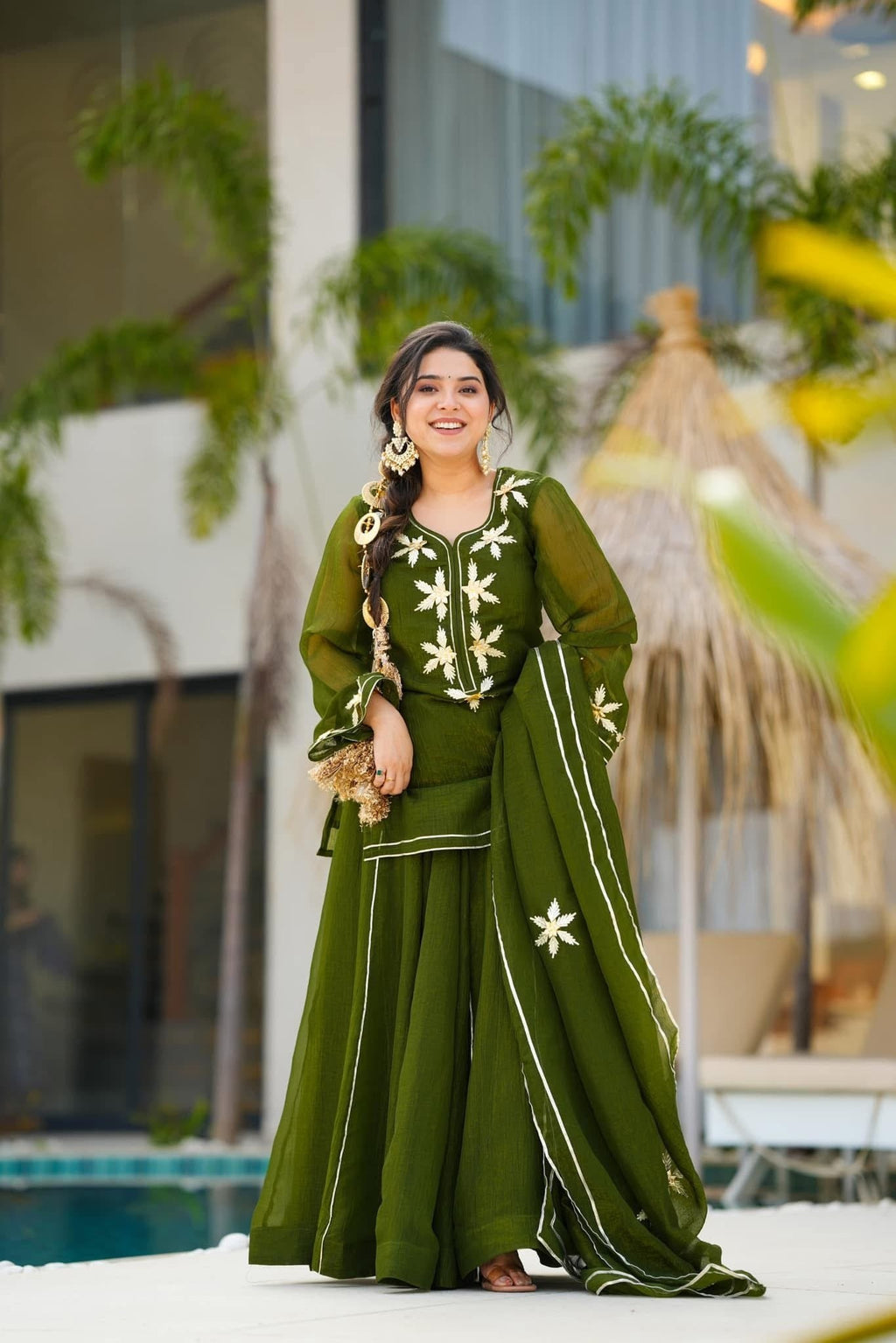 Crunchy Chiffon Handmade Charkhi Gota Kurta Sharara Set | Festive Ethnic Wear