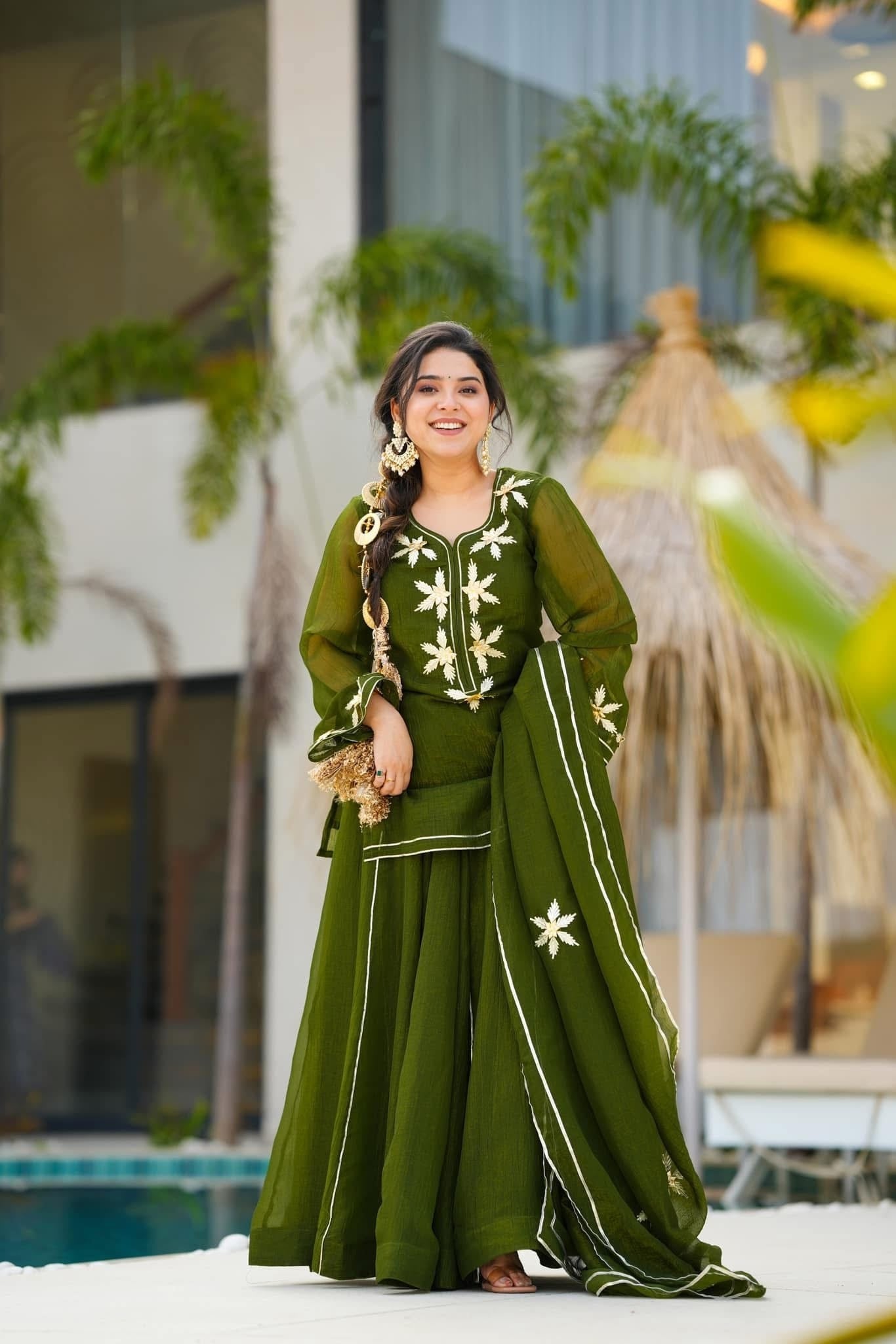 Crunchy Chiffon Handmade Charkhi Gota Kurta Sharara Set | Festive Ethnic Wear