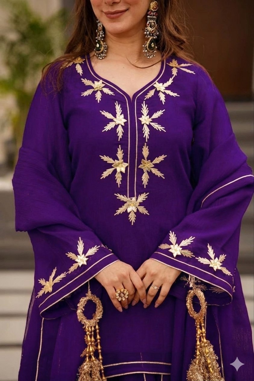 Crunchy Chiffon Handmade Charkhi Gota Kurta Sharara Set | Festive Ethnic Wear