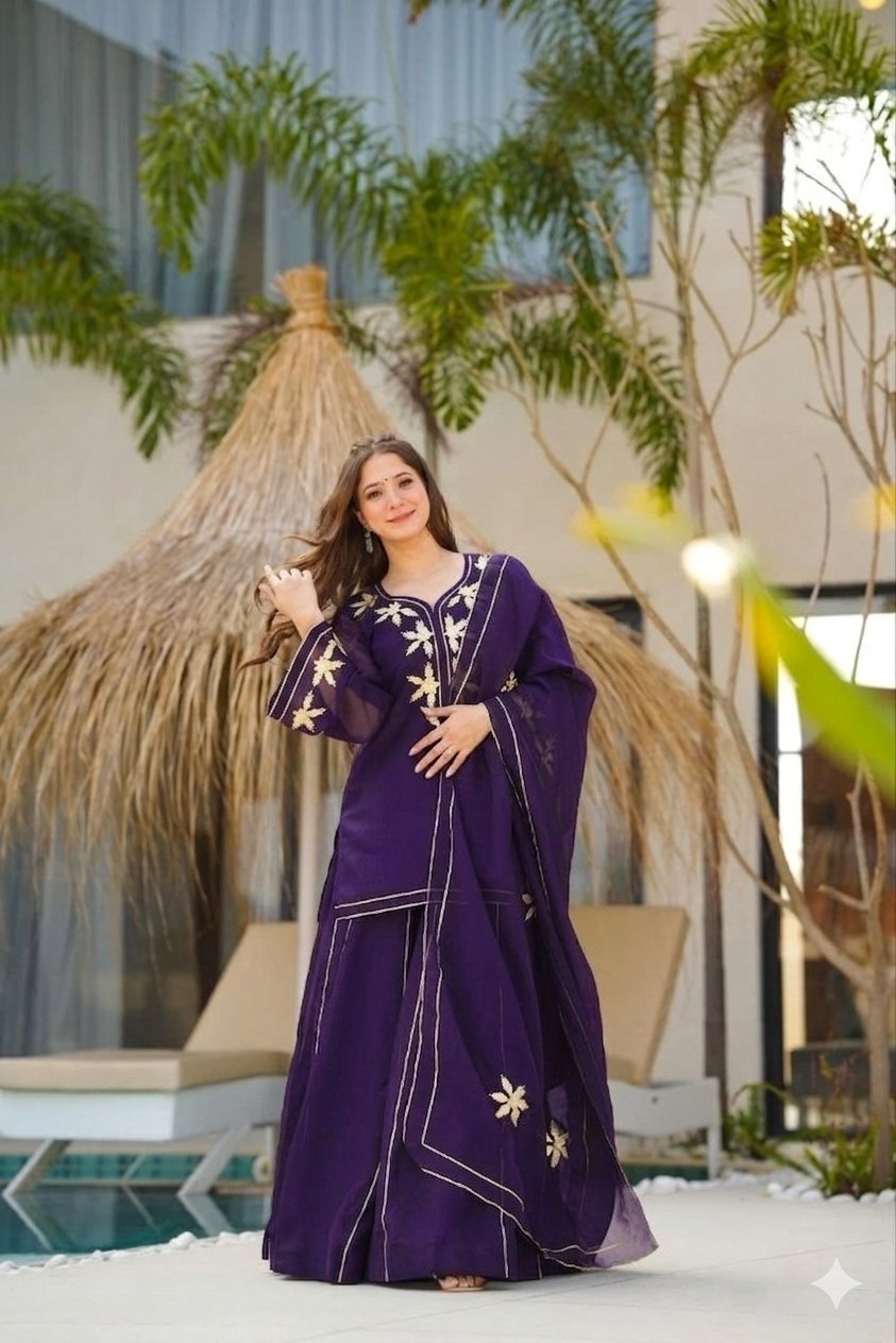 Crunchy Chiffon Handmade Charkhi Gota Kurta Sharara Set | Festive Ethnic Wear