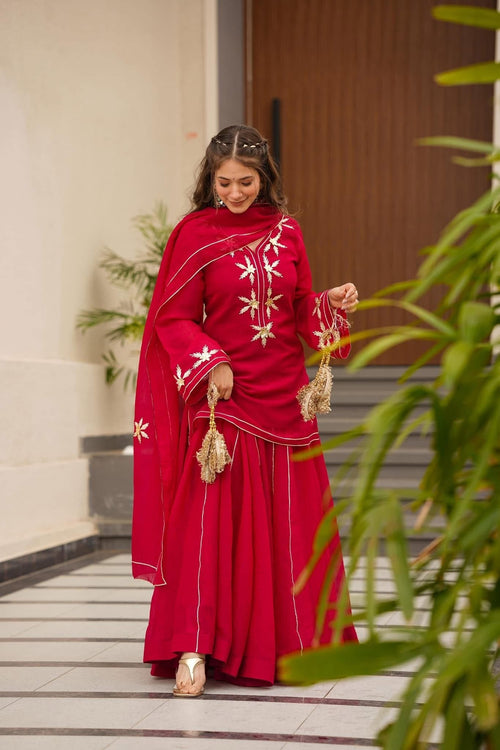 Crunchy Chiffon Handmade Charkhi Gota Kurta Sharara Set | Festive Ethnic Wear