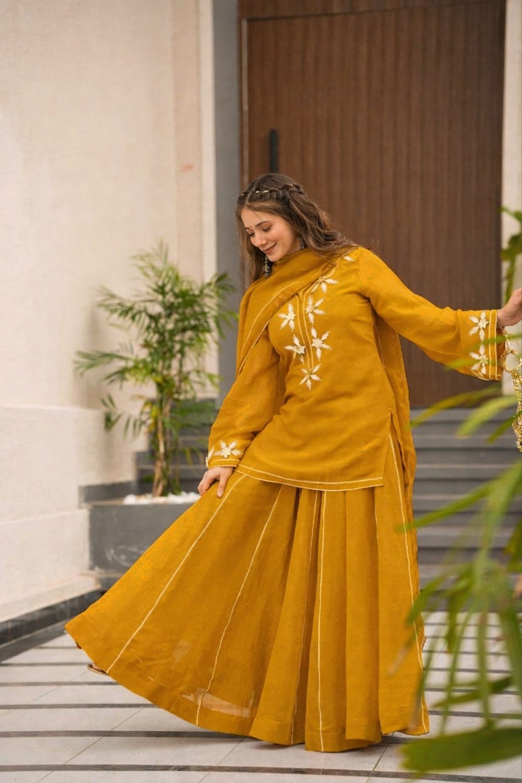 Crunchy Chiffon Handmade Charkhi Gota Kurta Sharara Set | Festive Ethnic Wear