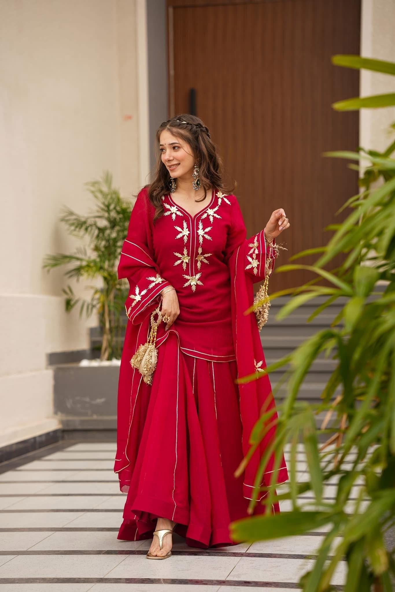 Crunchy Chiffon Handmade Charkhi Gota Kurta Sharara Set | Festive Ethnic Wear
