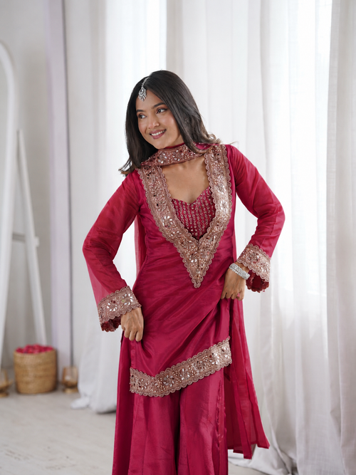 Chinon Mirror Moti Work Kurta Sharara Set | Festive Occasion Wear