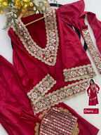 Chinon Mirror Moti Work Kurta Sharara Set | Festive Occasion Wear