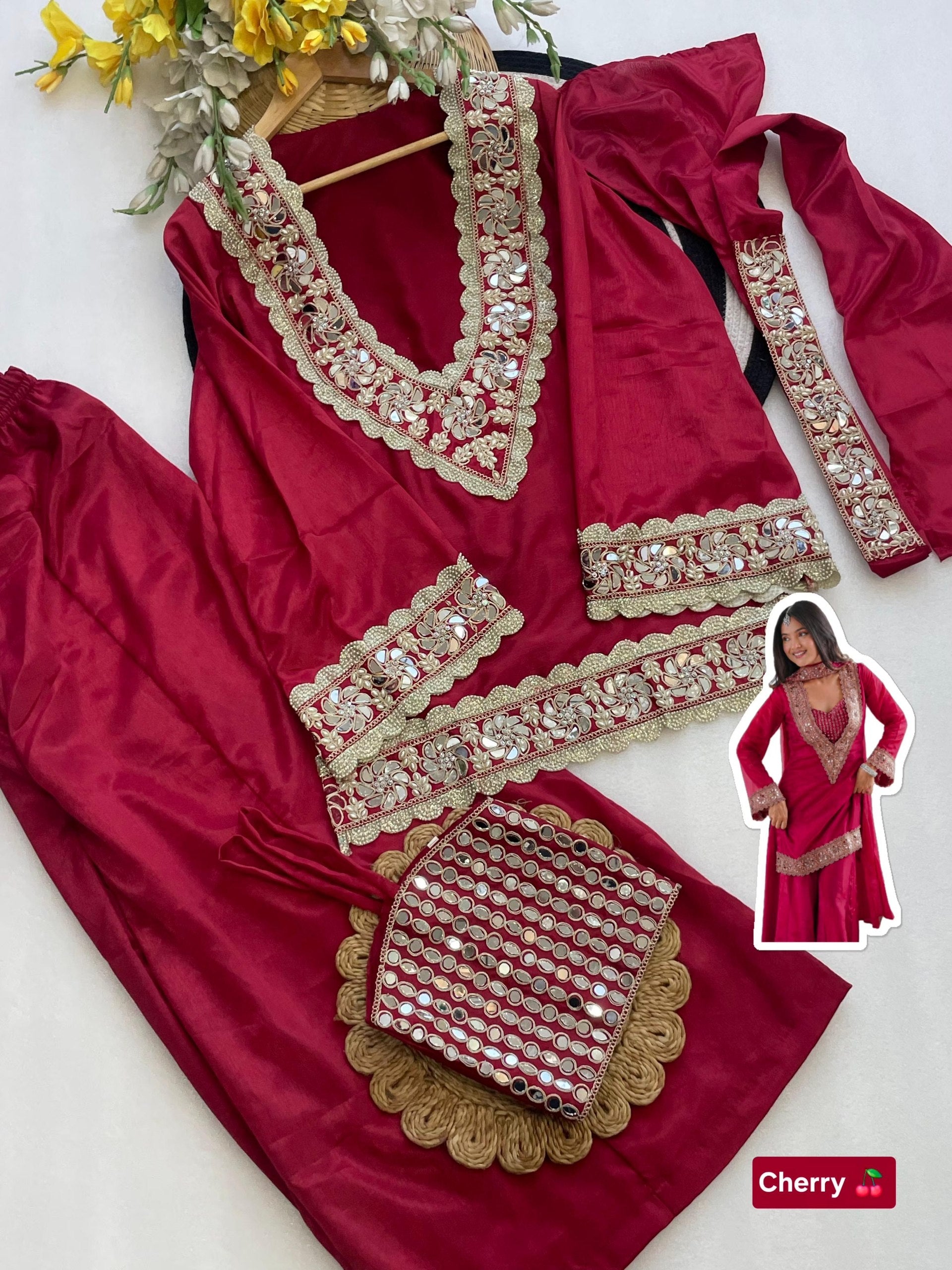 Chinon Mirror Moti Work Kurta Sharara Set | Festive Occasion Wear