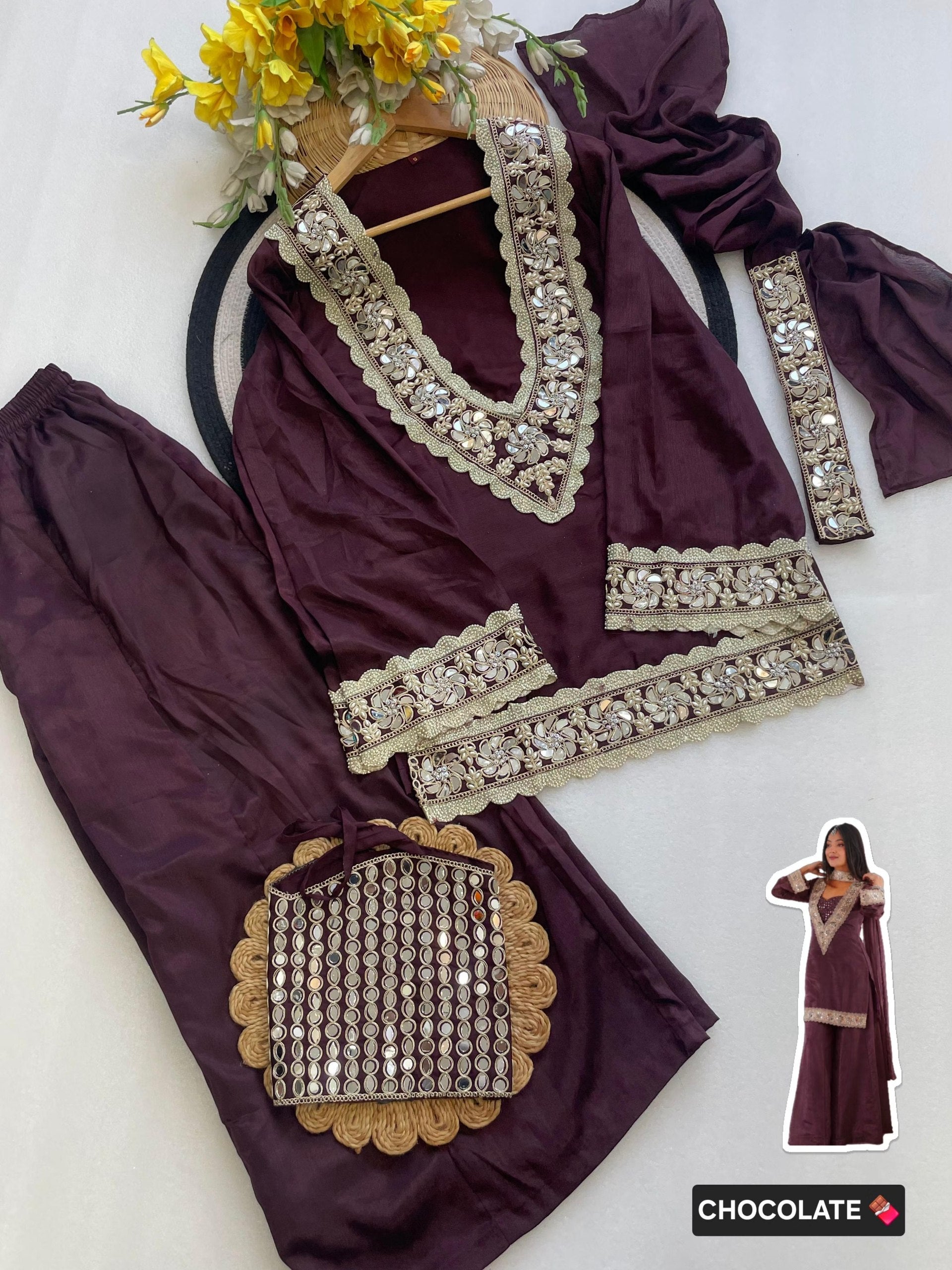 Chinon Mirror Moti Work Kurta Sharara Set | Festive Occasion Wear