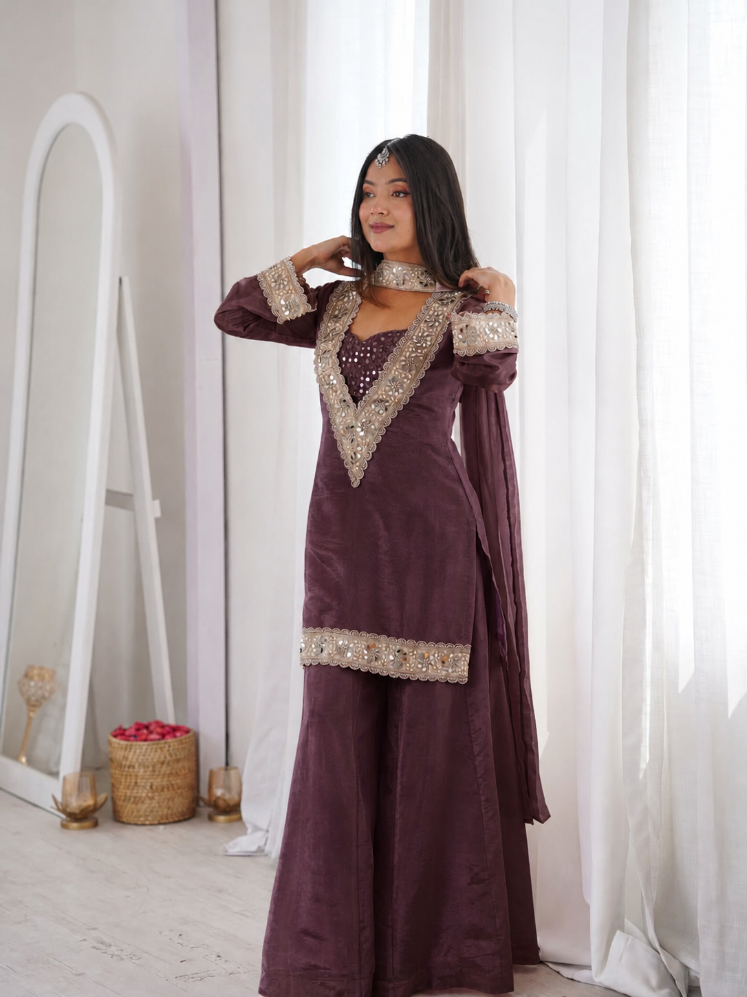 Chinon Mirror Moti Work Kurta Sharara Set | Festive Occasion Wear