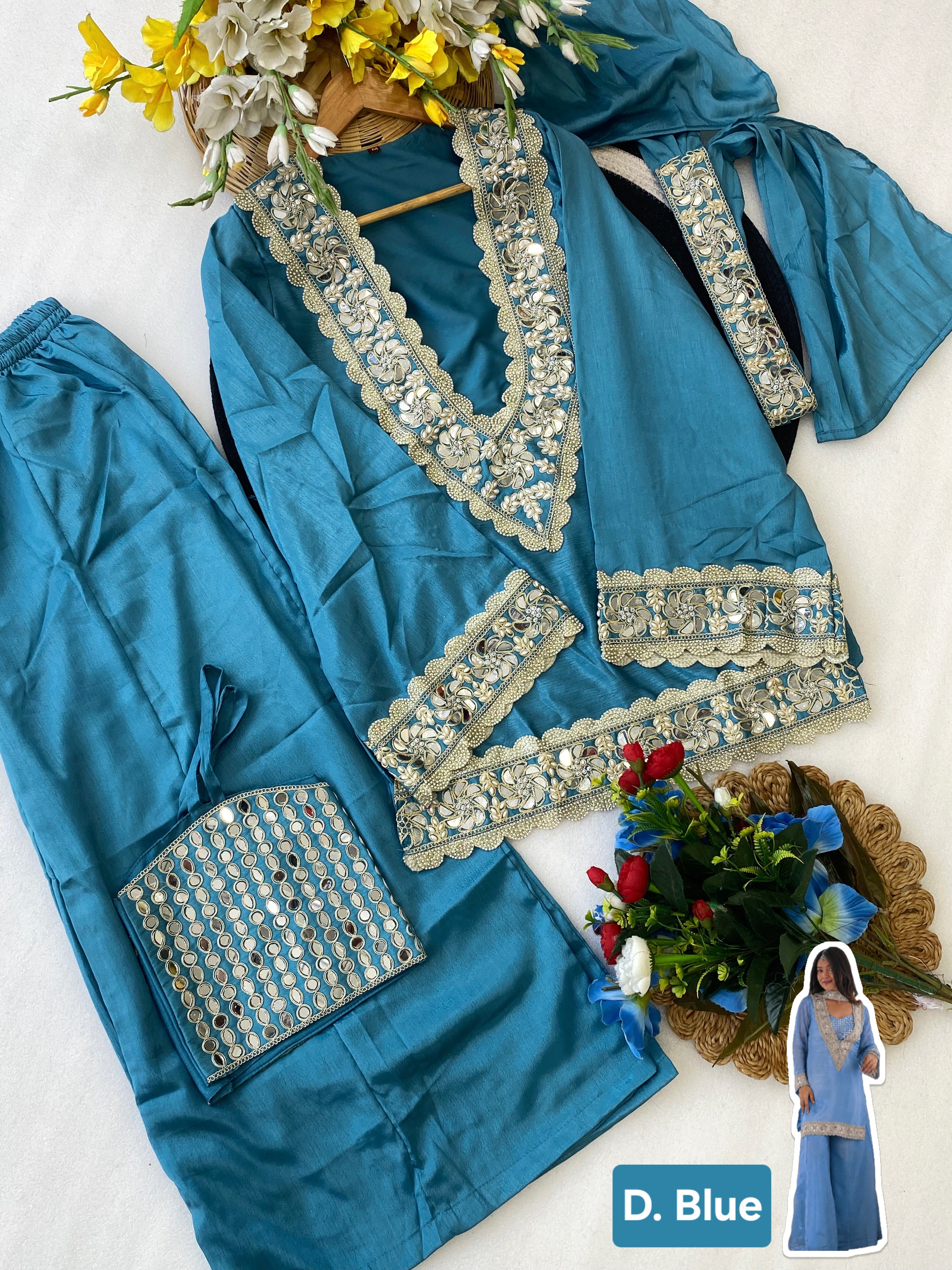 Chinon Mirror Moti Work Kurta Sharara Set | Festive Occasion Wear
