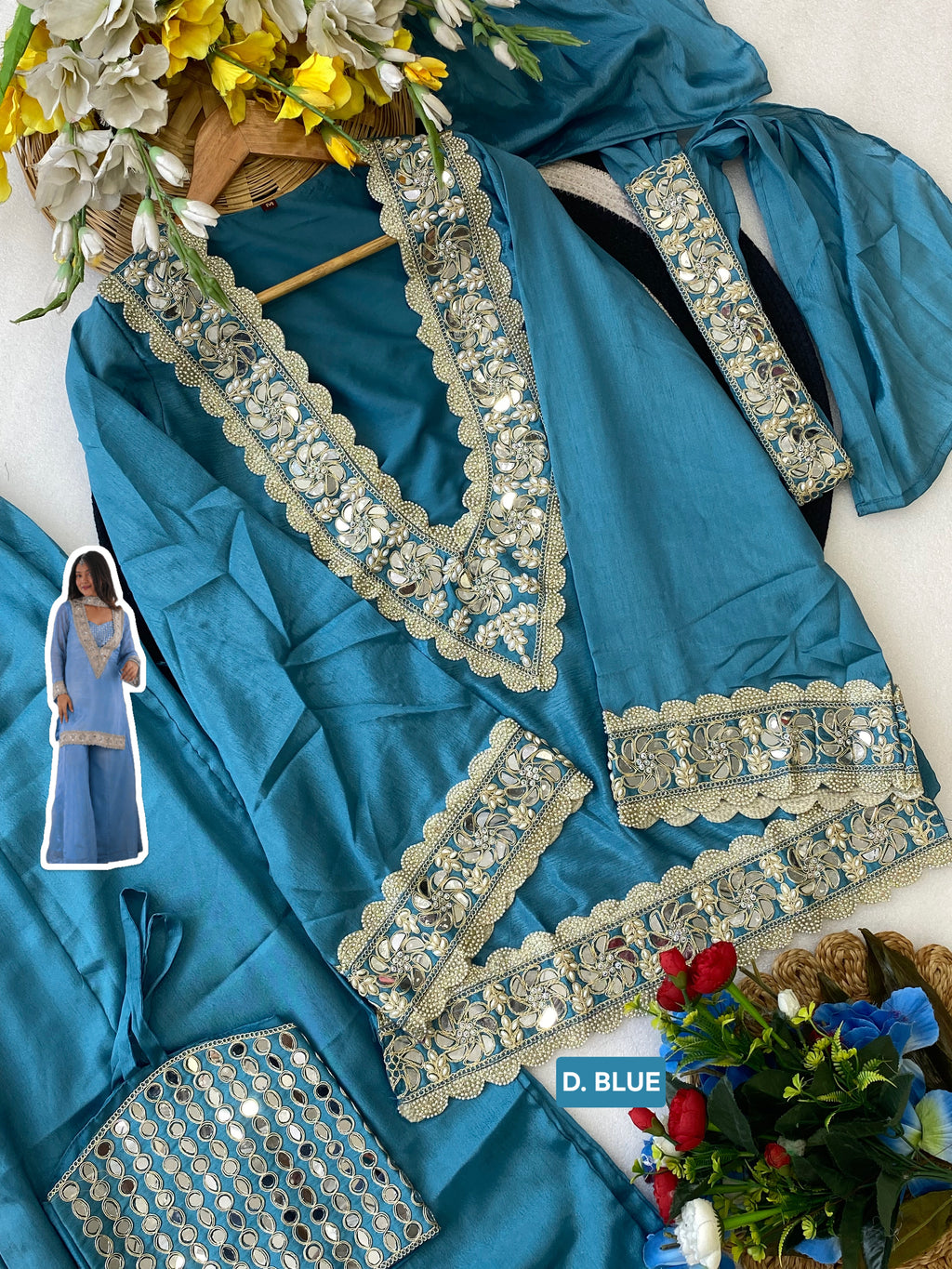 Chinon Mirror Moti Work Kurta Sharara Set | Festive Occasion Wear