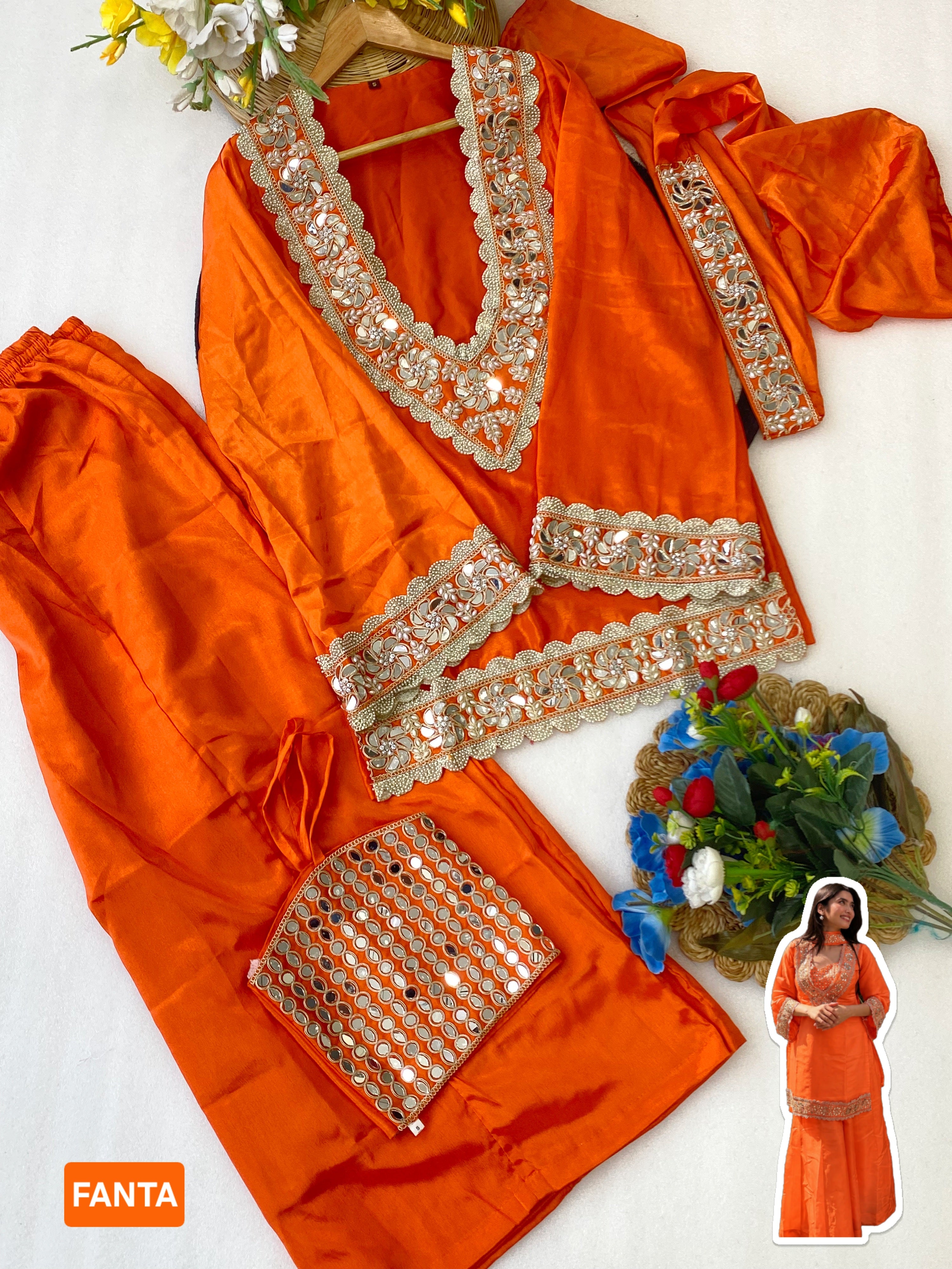 Chinon Mirror Moti Work Kurta Sharara Set | Festive Occasion Wear