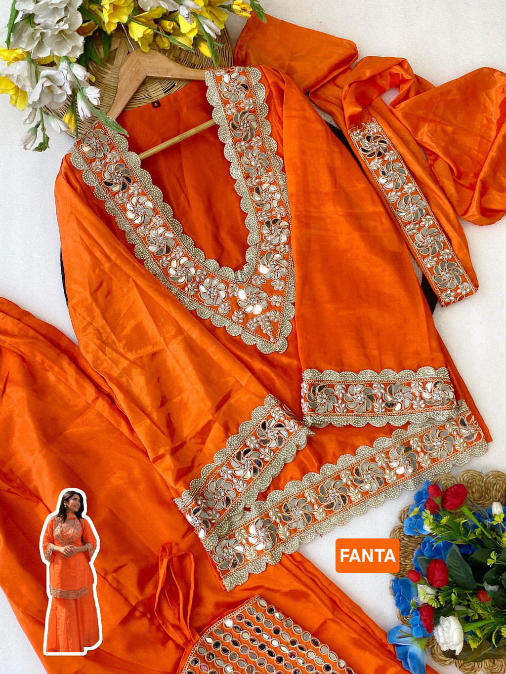 Chinon Mirror Moti Work Kurta Sharara Set | Festive Occasion Wear