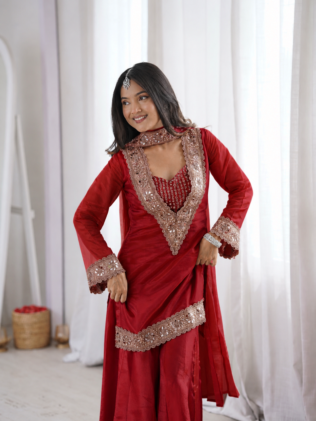 Chinon Mirror Moti Work Kurta Sharara Set | Festive Occasion Wear