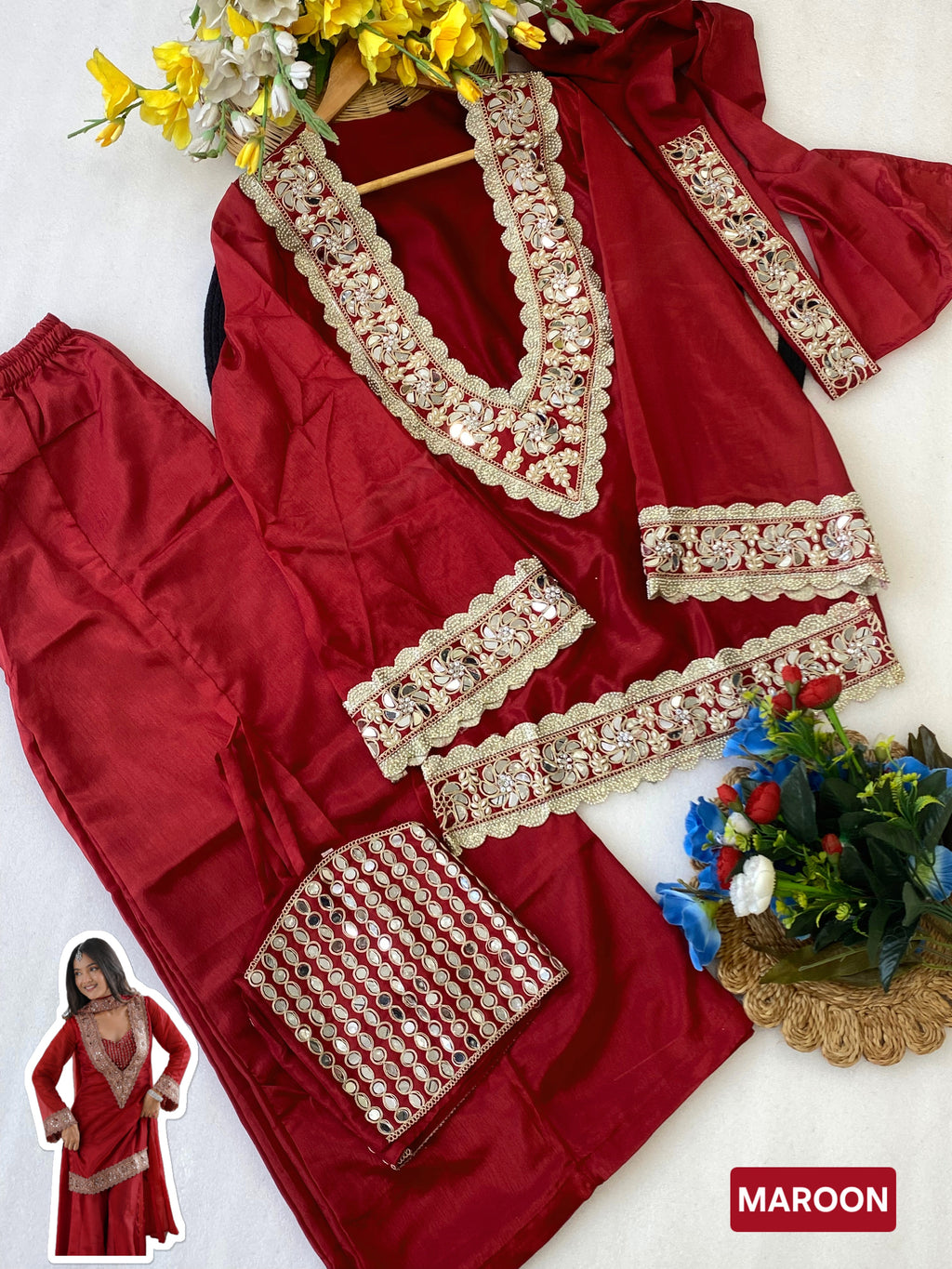 Chinon Mirror Moti Work Kurta Sharara Set | Festive Occasion Wear