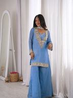 Chinon Mirror Moti Work Kurta Sharara Set | Festive Occasion Wear