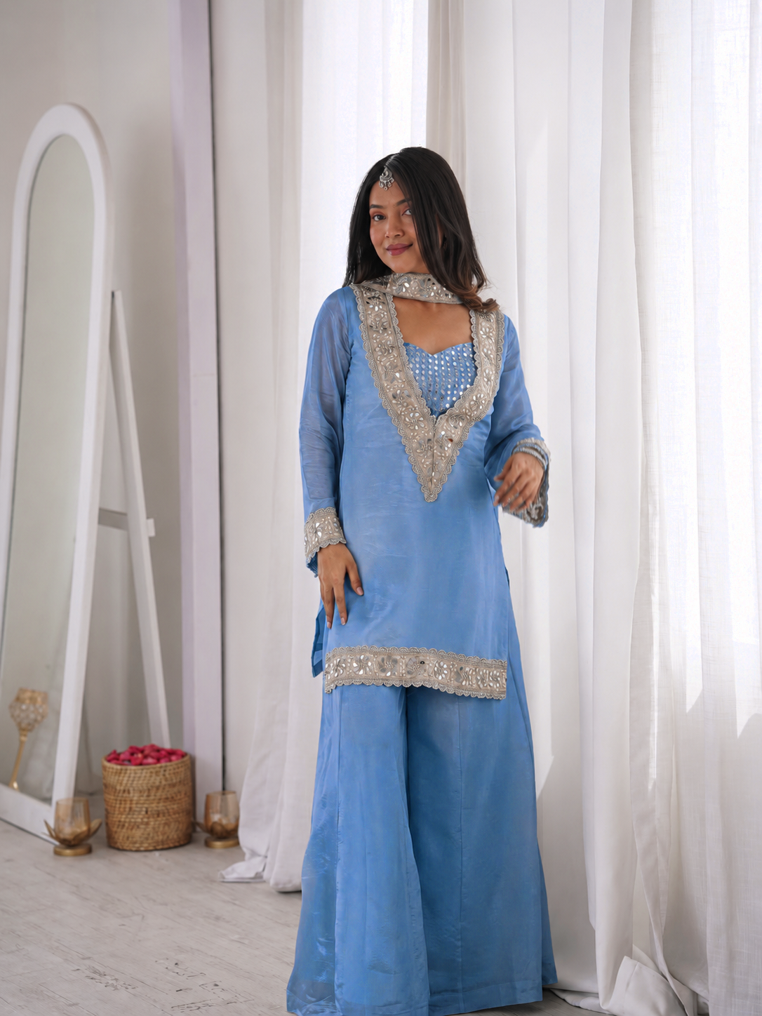 Chinon Mirror Moti Work Kurta Sharara Set | Festive Occasion Wear