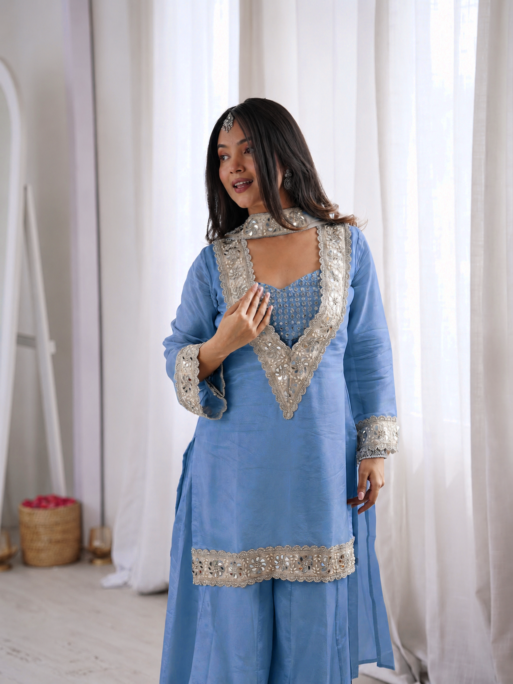 Chinon Mirror Moti Work Kurta Sharara Set | Festive Occasion Wear