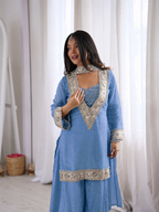 Chinon Mirror Moti Work Kurta Sharara Set | Festive Occasion Wear