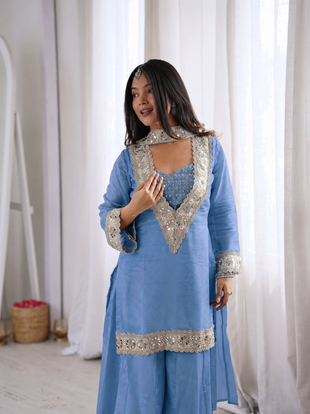 Chinon Mirror Moti Work Kurta Sharara Set | Festive Occasion Wear