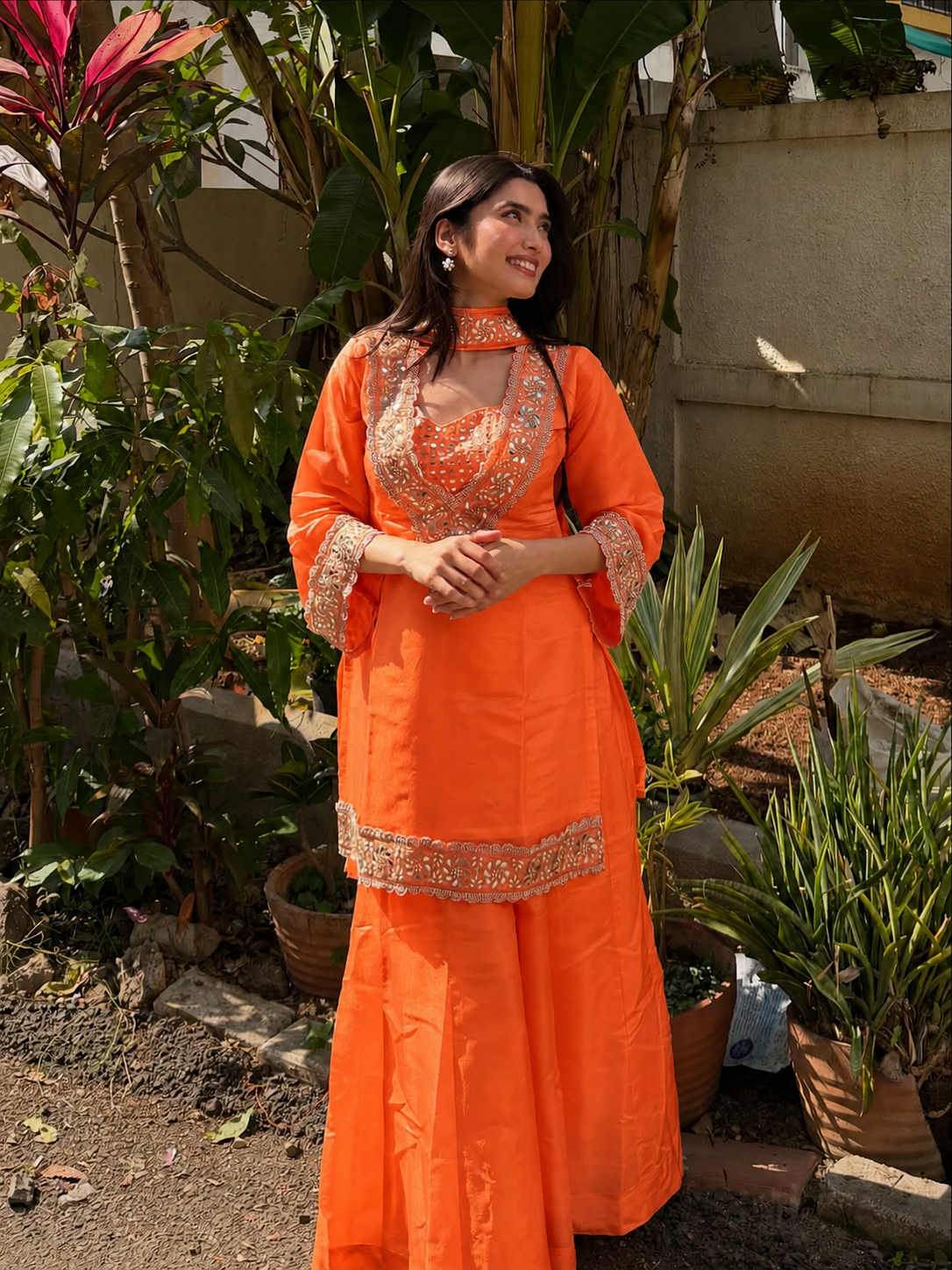 Chinon Mirror Moti Work Kurta Sharara Set | Festive Occasion Wear