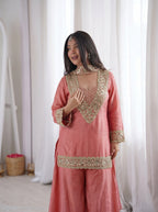 Chinon Mirror Moti Work Kurta Sharara Set | Festive Occasion Wear