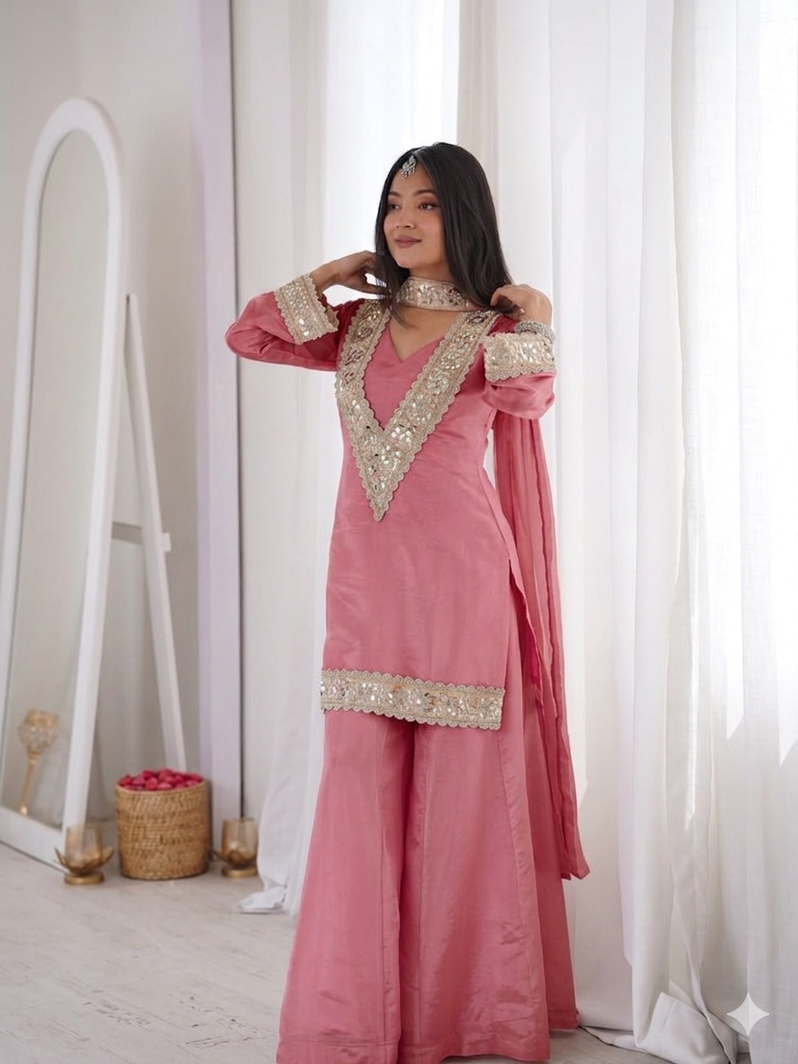 Chinon Mirror Moti Work Kurta Sharara Set | Festive Occasion Wear