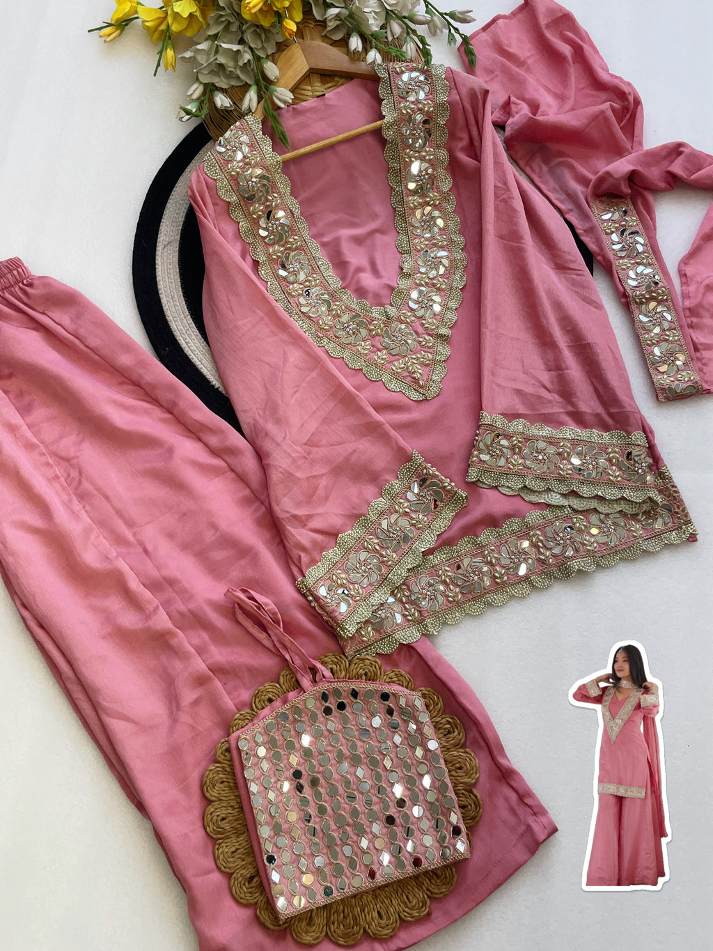 Chinon Mirror Moti Work Kurta Sharara Set | Festive Occasion Wear