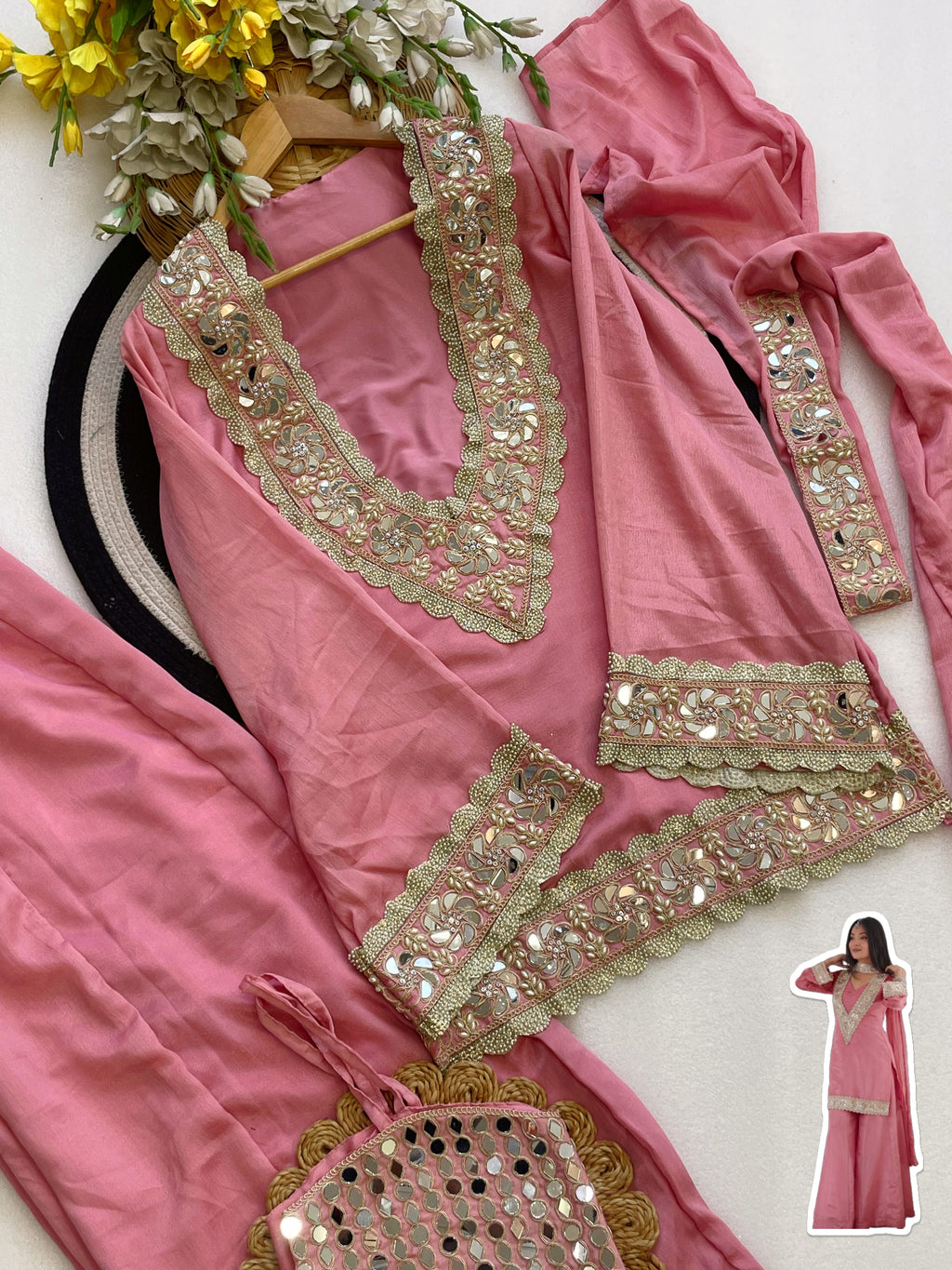 Chinon Mirror Moti Work Kurta Sharara Set | Festive Occasion Wear