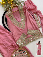 Chinon Mirror Moti Work Kurta Sharara Set | Festive Occasion Wear