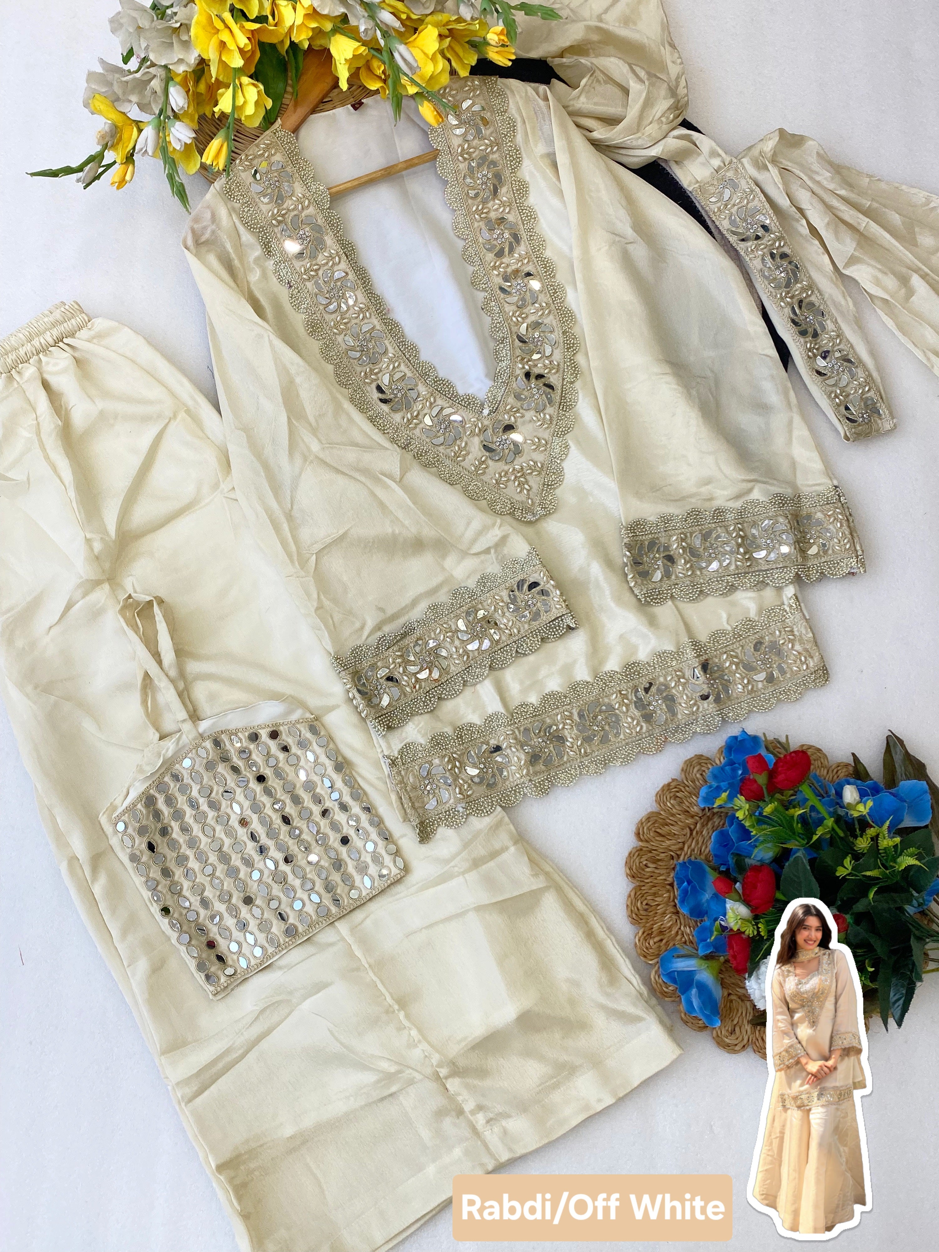 Chinon Mirror Moti Work Kurta Sharara Set | Festive Occasion Wear
