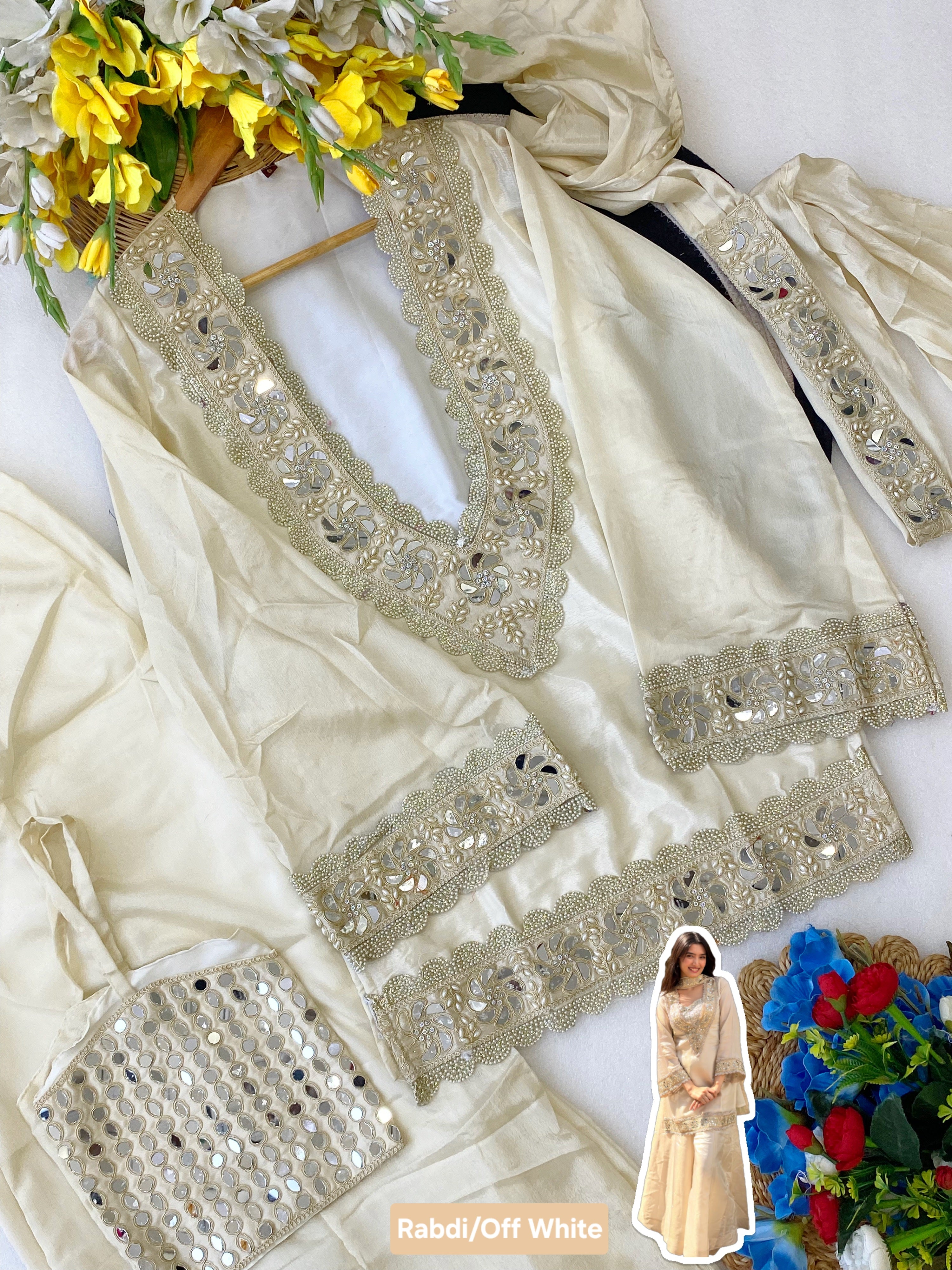 Chinon Mirror Moti Work Kurta Sharara Set | Festive Occasion Wear