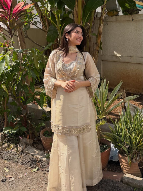 Chinon Mirror Moti Work Kurta Sharara Set | Festive Occasion Wear