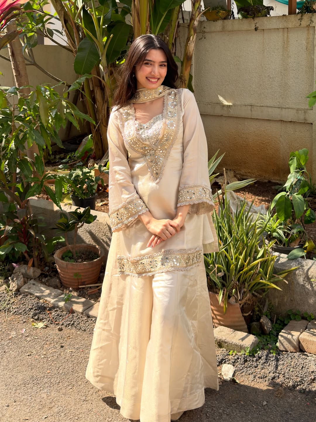 Chinon Mirror Moti Work Kurta Sharara Set | Festive Occasion Wear